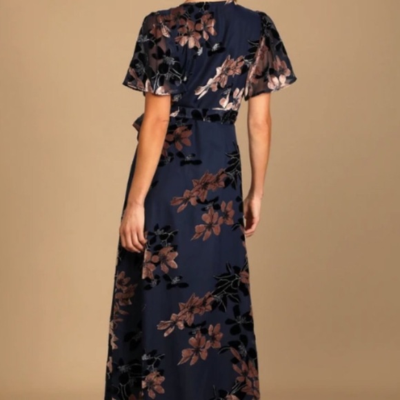 Lulus - Navy Velvet Floral Midi/Maxi "Bistro" Wrap Dress - Picture 5 of 5